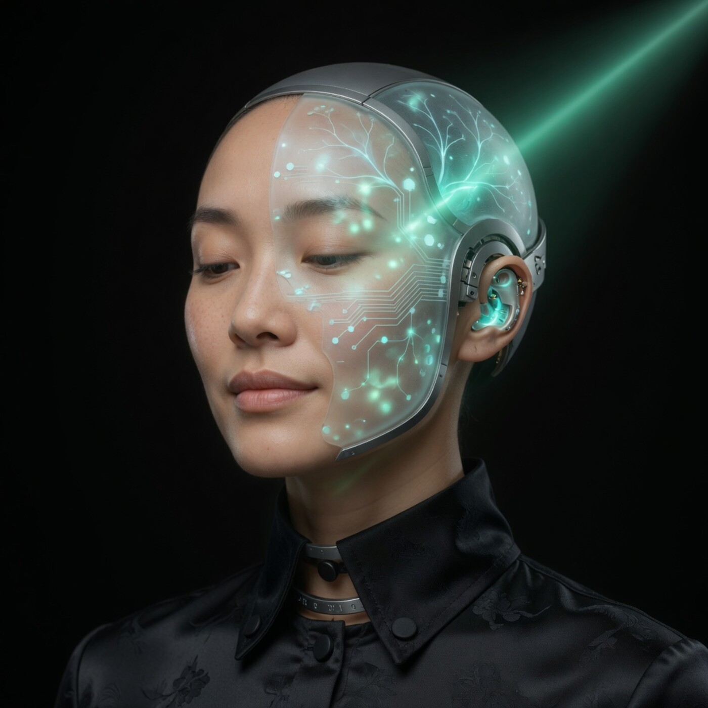 High-end AI hybrid portrait. glass neural veil, SILOCK jade light