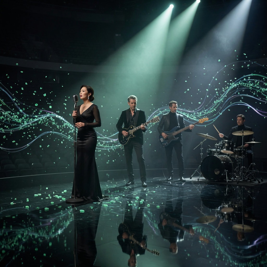High-end four-piece band on a dark arena stage with jade light and crystalline sound particles
