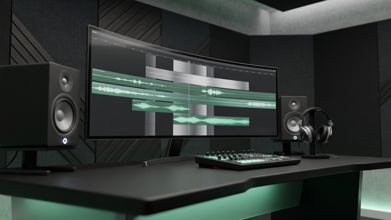 Premium private music desk with multi-lane stem timeline on ultrawide display