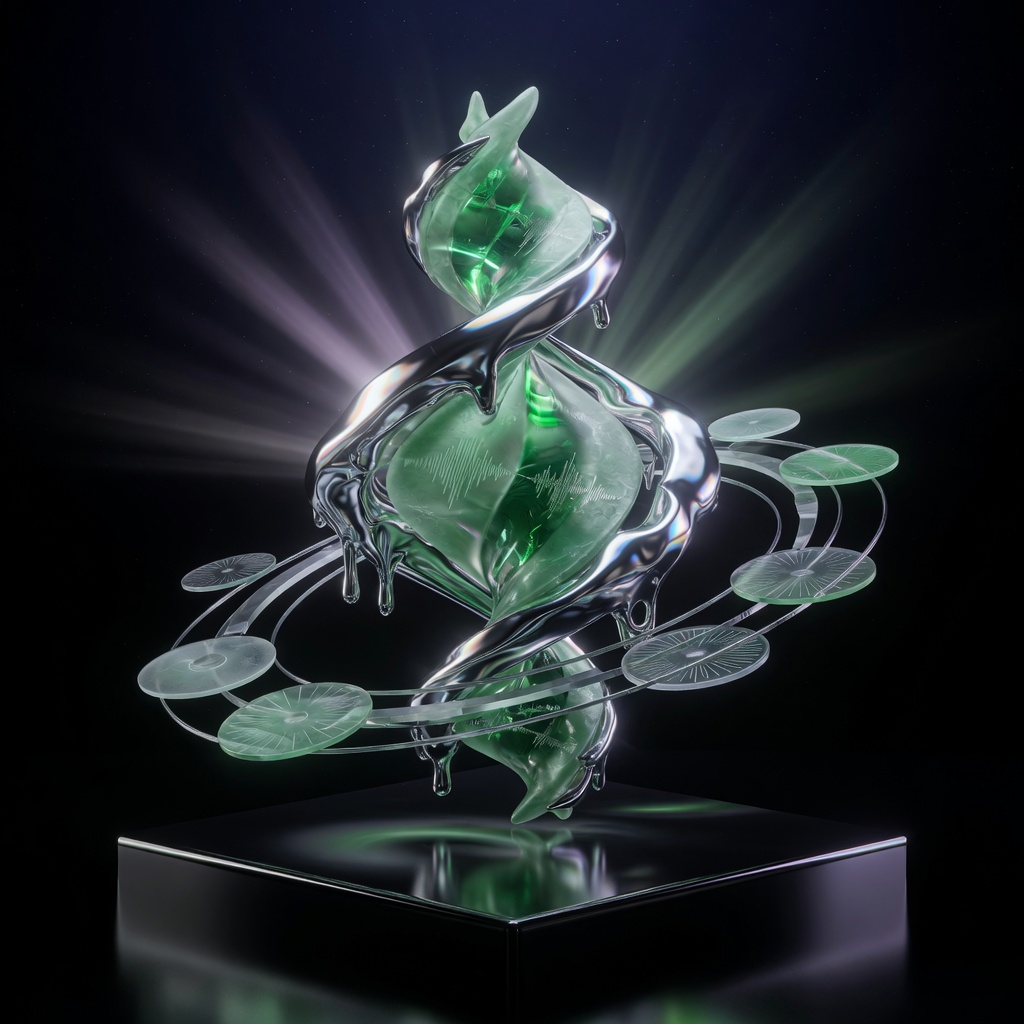 Liquid chrome and jade helix sound sculpture on black plinth